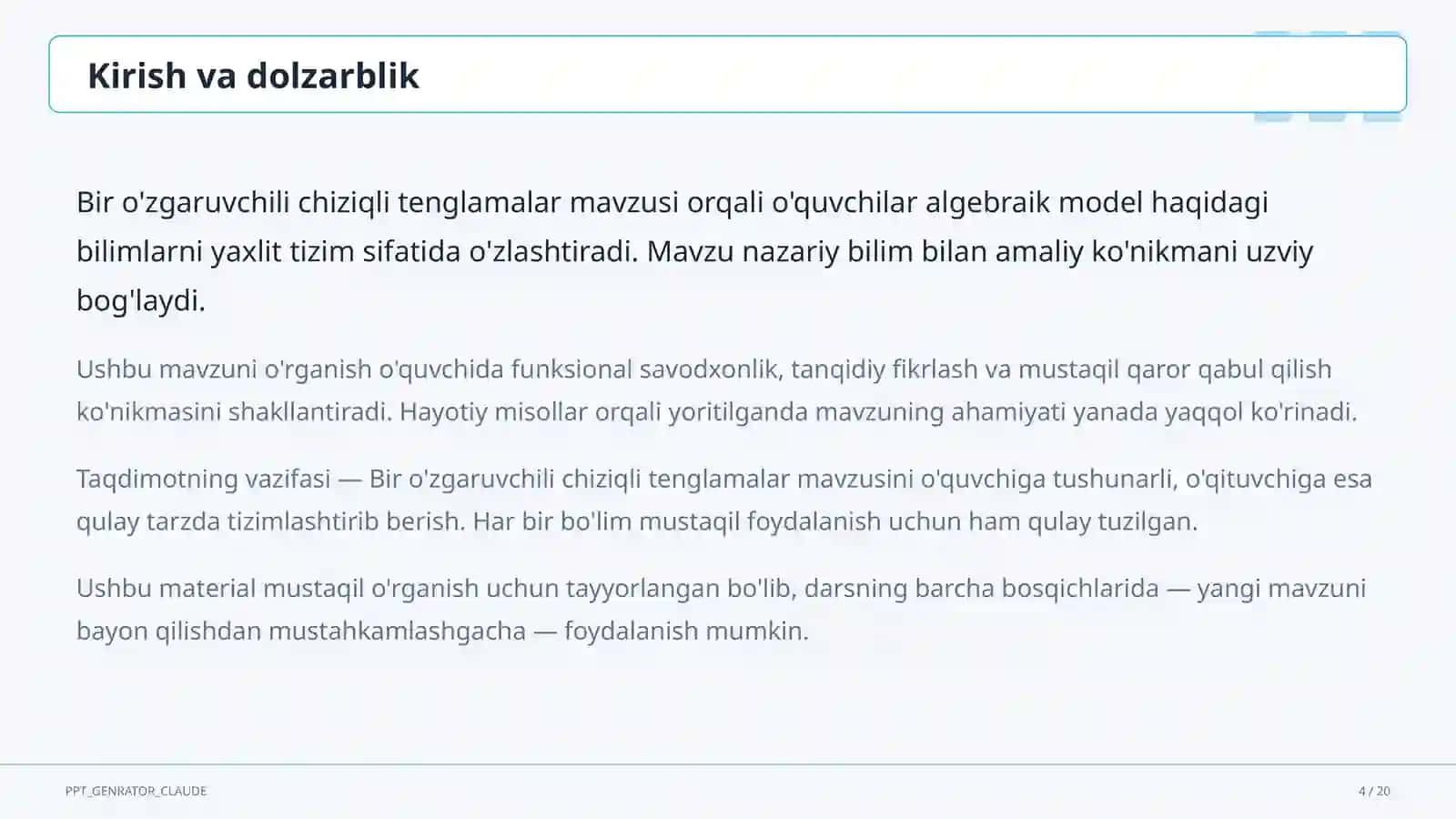 Bir o'zgaruvchili chiziqli tenglamalar (7-sinf) 4