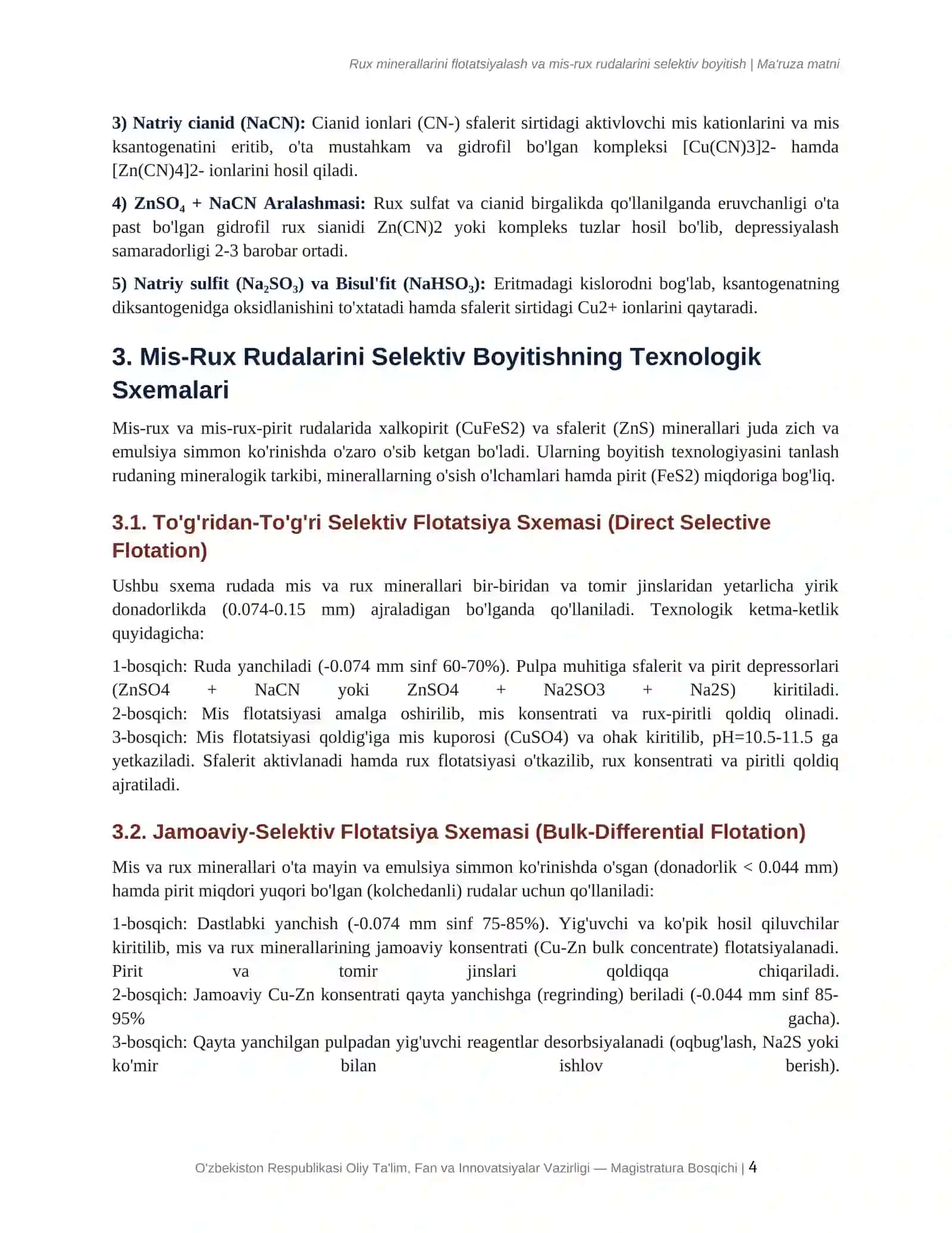Rux minerallarini flotatsiyalash va mis-rux rudalarini selektiv boyitish 4