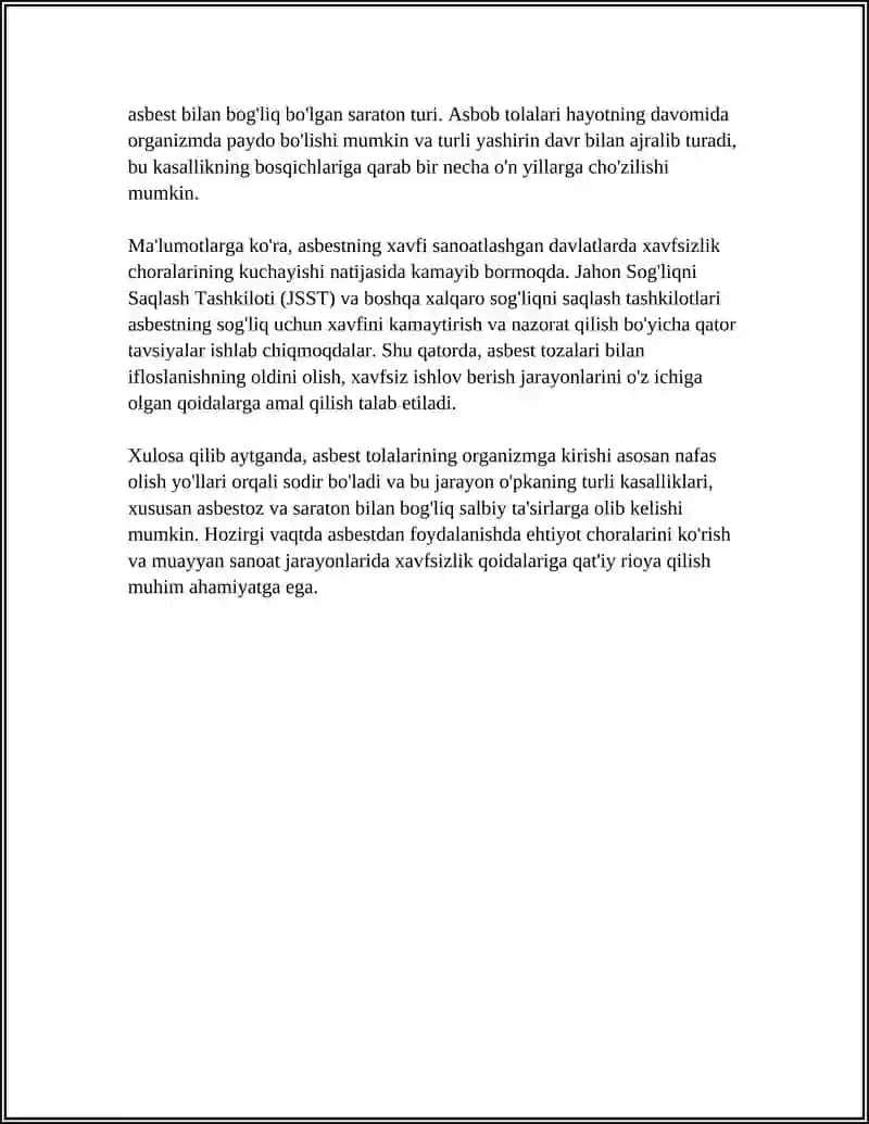 ASBEST ISHLAB CHIQARISH KORXONALARDA INSON ORGANIZINGA SIFETSIIFIK TA'SIR VA NOSIFETSIFIK TASIRI 4