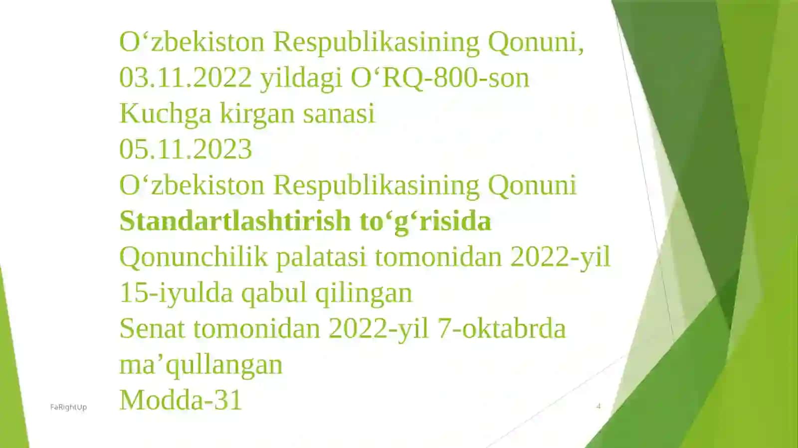 O’zbekiston Respublikasida sifatni  boshqarishga oid qonun hujjatlari 4