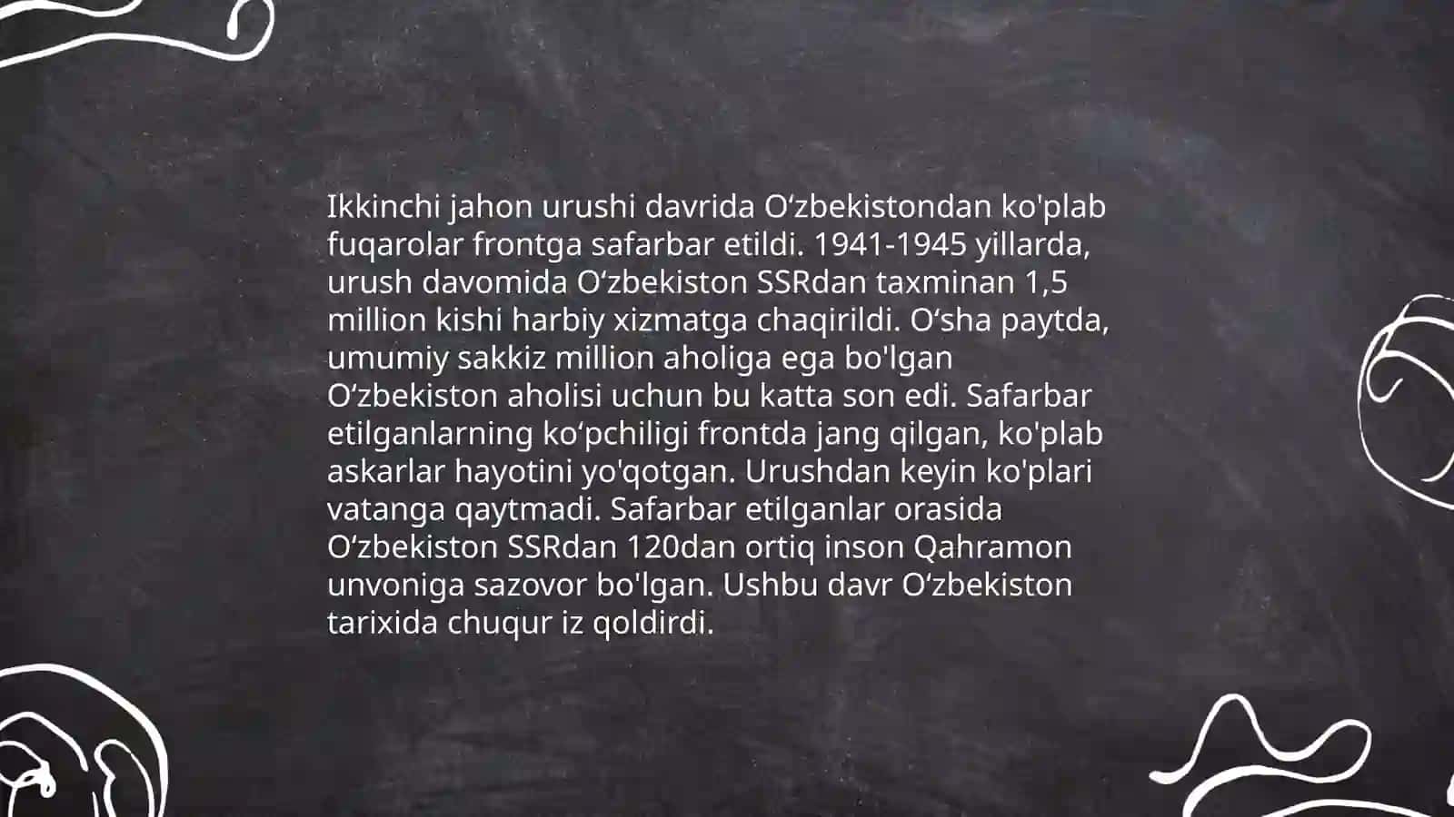 Oʻzbekistonning ikkinchi jahon urushiga tortilishi. Oʻzbekistonliklarning jasoratlari 4