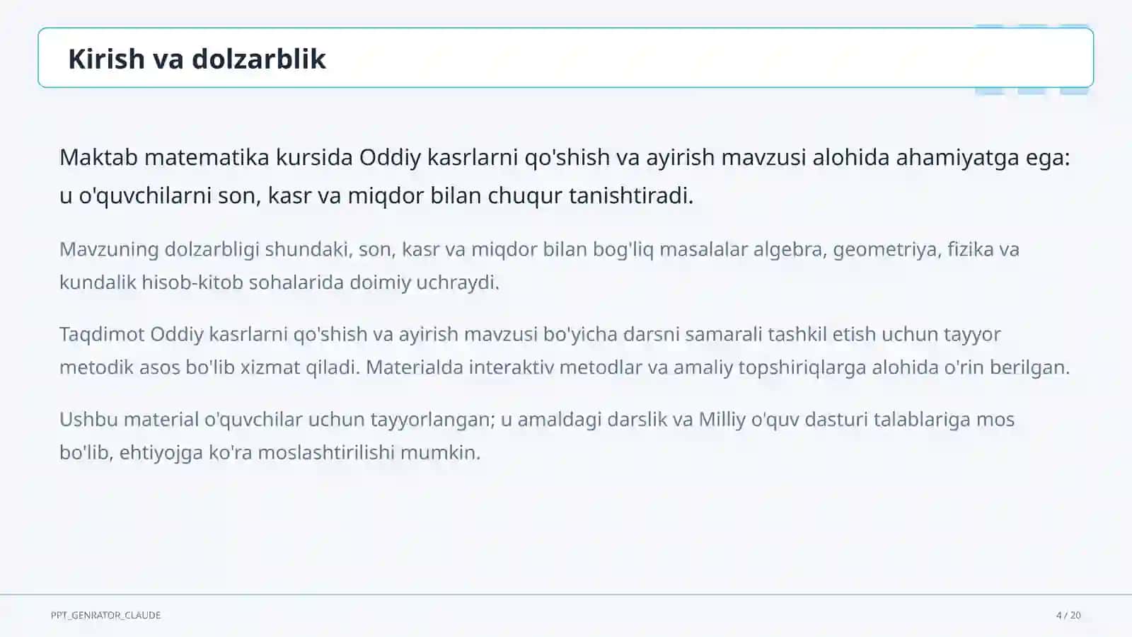 Oddiy kasrlarni qo'shish va ayirish (5-sinf) 4