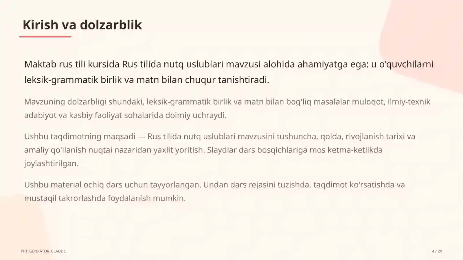 Rus tilida nutq uslublari (10-sinf) 4