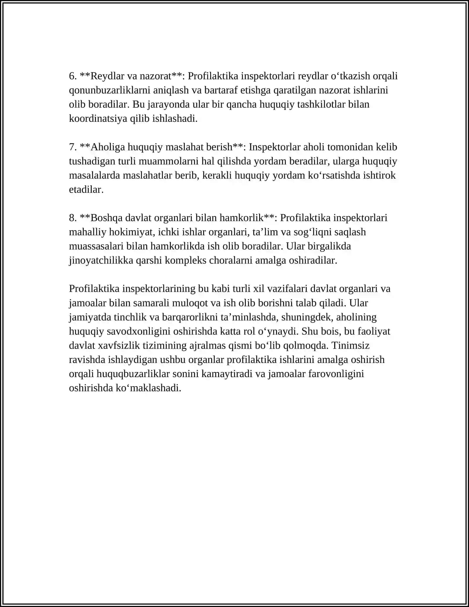 REFERAT Mavzu: PROFILAKTIKA INSPEKTORLARINING FAOLIYATIDA HUJJATLASHTIRISH VA REJALASHTIRISH 4