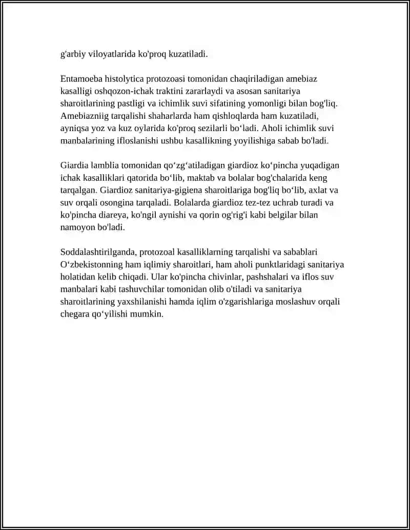 Oʻzbekistonda Sodda Hayvonlar Tomonidan Kelib Chiquvchi Kasalliklar, Tarqalishi va Sabablari 4