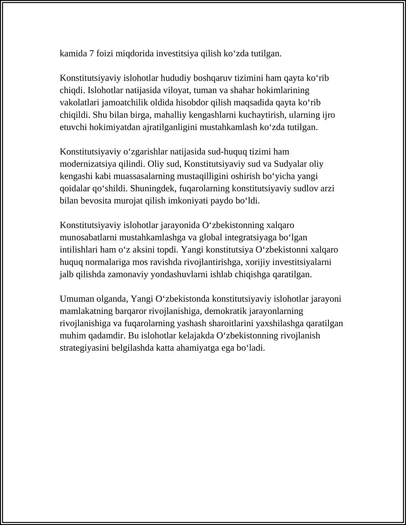 MUSTAQIL ISH Mavzu: YANGI OʻZBEKISTONDA INSON HAQ-HUQUQLARI VA ERKINLIKLARI KAFOLATINING YARATILISHI 4