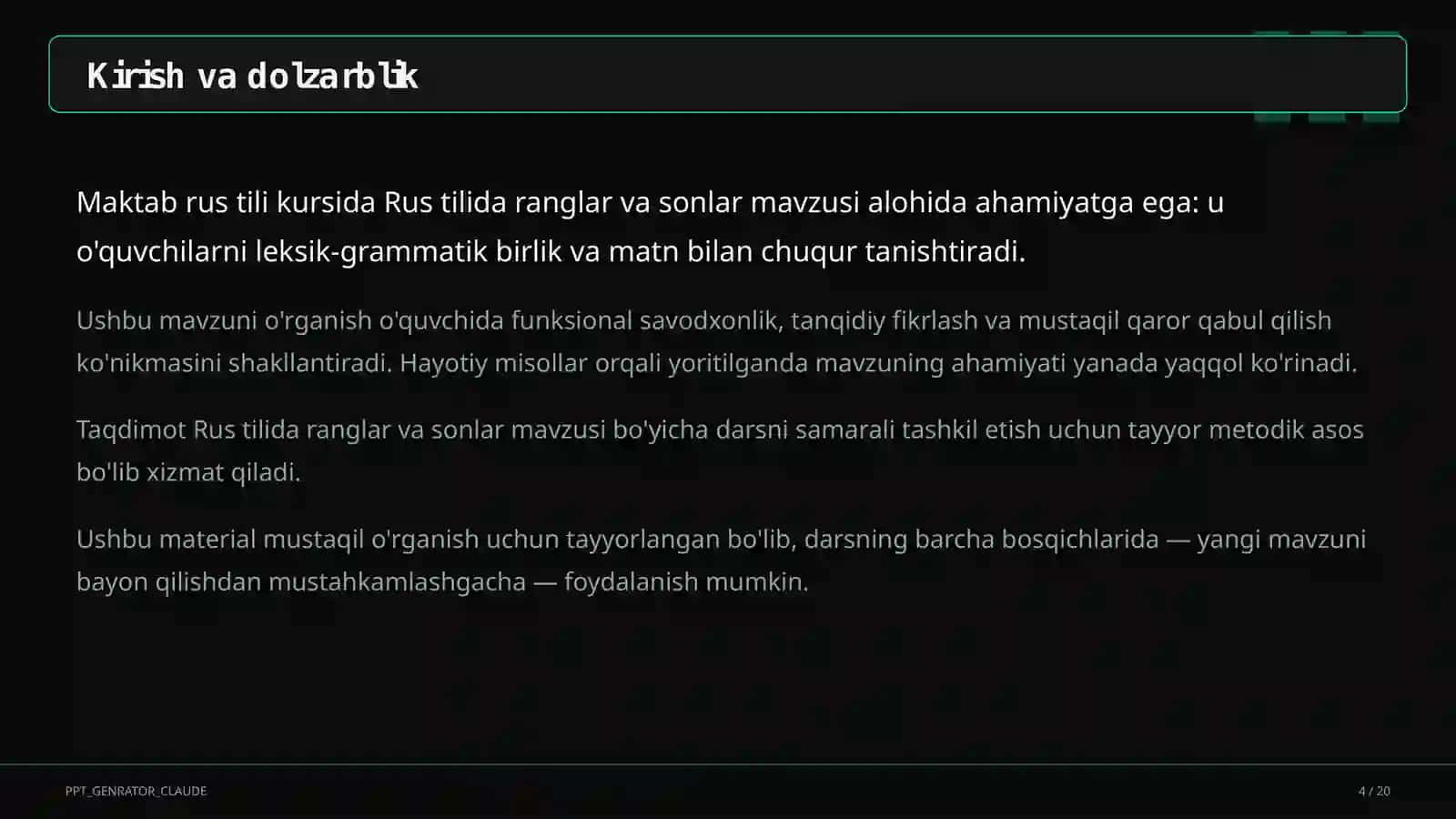 Rus tilida ranglar va sonlar (2-sinf) 4