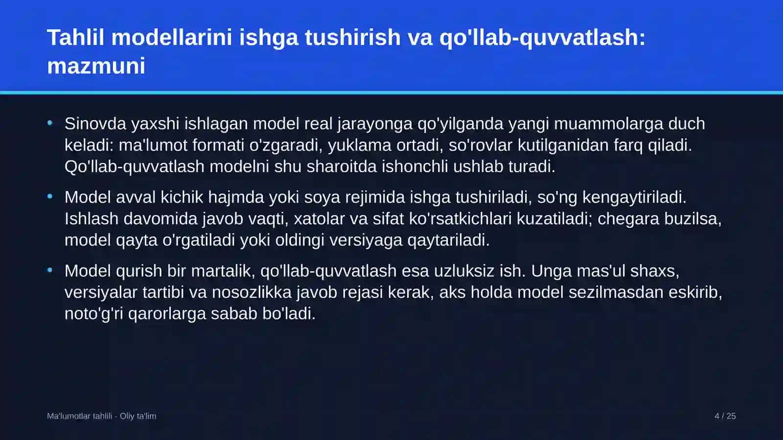 Loyiha institutlarida tahlil modellarini ishga tushirish va qo'llab-quvvatlash 4