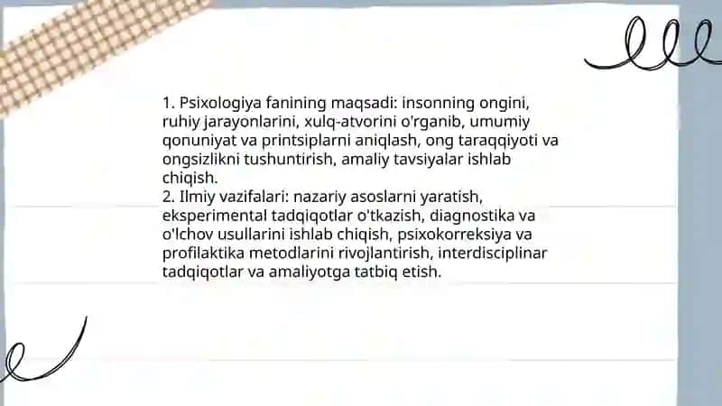 Psixologiya fanining predmeti,maqsadi va vazifalari.Ong taraqqiyoti va ongsizlik.Valeologik ong 4