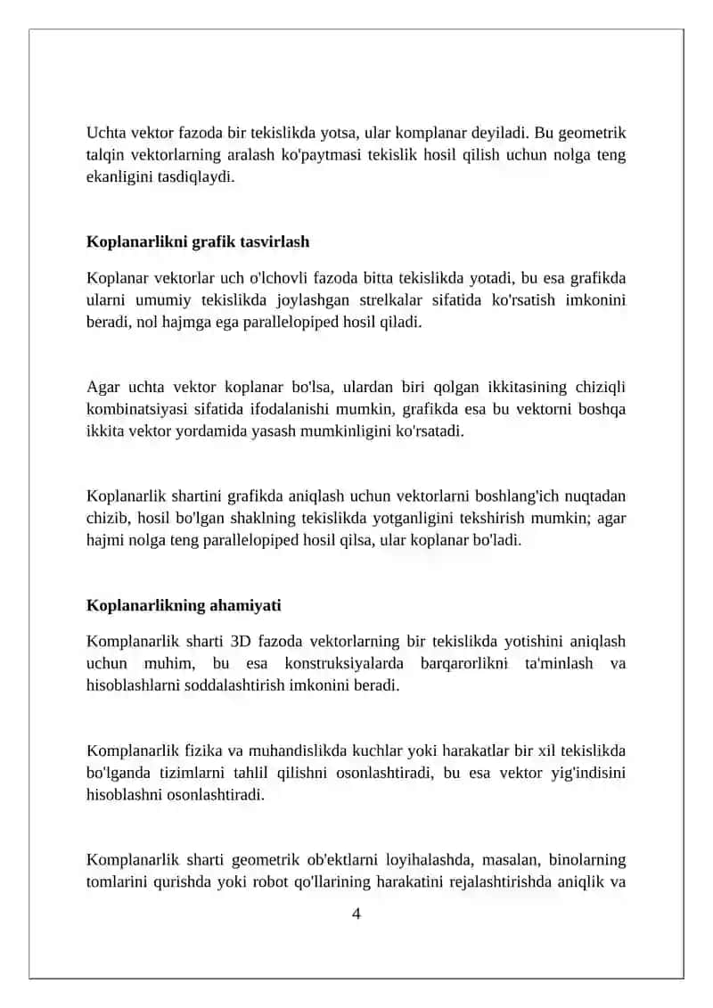 Vektorlarning komplanarlik va kollenarlik shartlarining grafik tasviri va ahamiyati 4