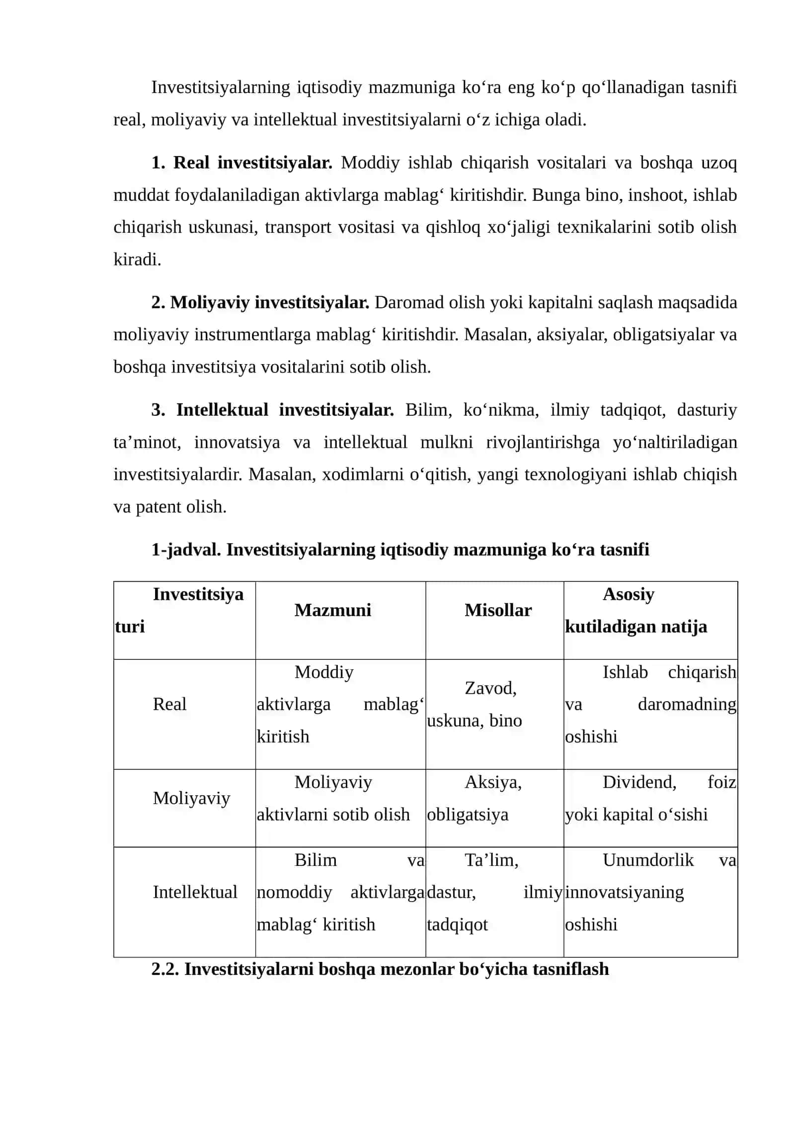Investitsiyalar turlari va tasnifi 4