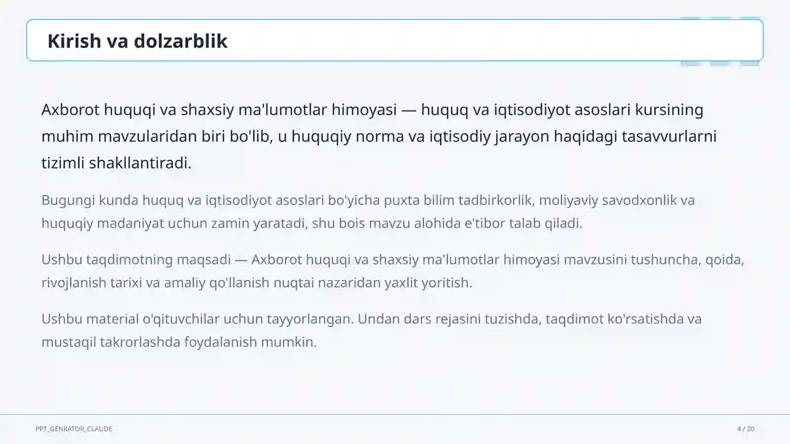 Huquq va iqtisodiyot asoslari (9–11) — o'qituvchilar uchun 4