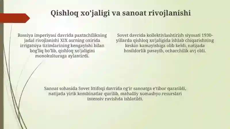 Rossiya imperiyasi va sovet hukmronligi davrida o‘lkadagi ijtimoiy-iqtisodiy, jarayonlar 4