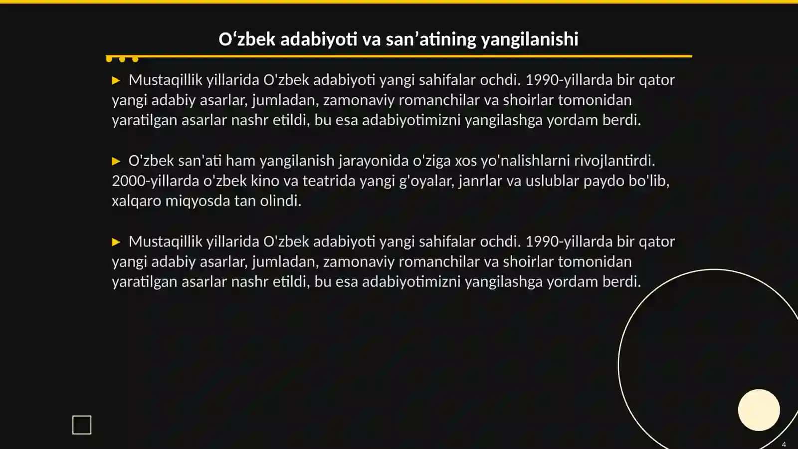Mustaqillik yillarida Oʻzbekistondagi madaniy va maʼnaviy taraqqiyoti 4