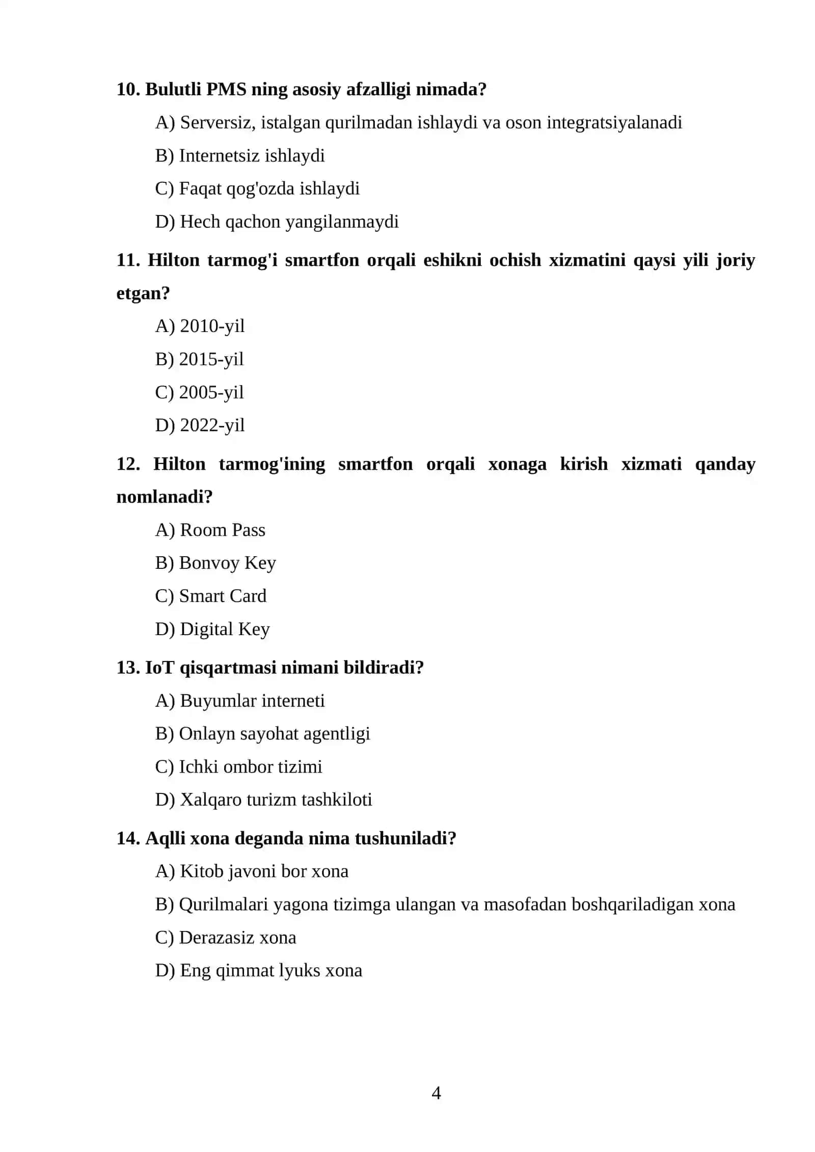 Xalqaro mehmonxona menejmenti test topshiriqlari 4