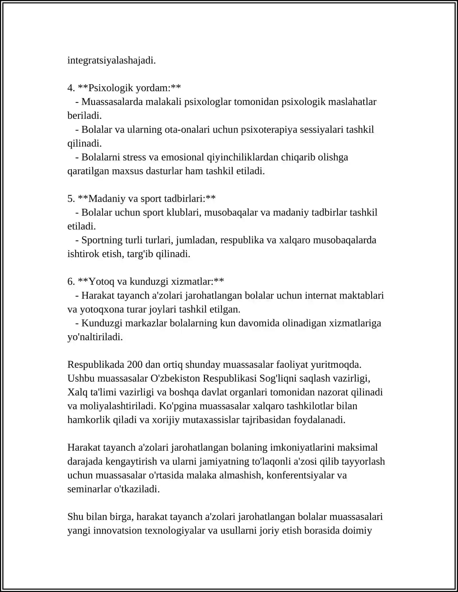 HARAKAT TAYANCH AZOLARI JAROHATLANGAN BOLALAR UCHUN TASHKIL ETILGAN MUASSASALAR VA ULARDAGI ISHLARNI OLIB BORILISHI 4
