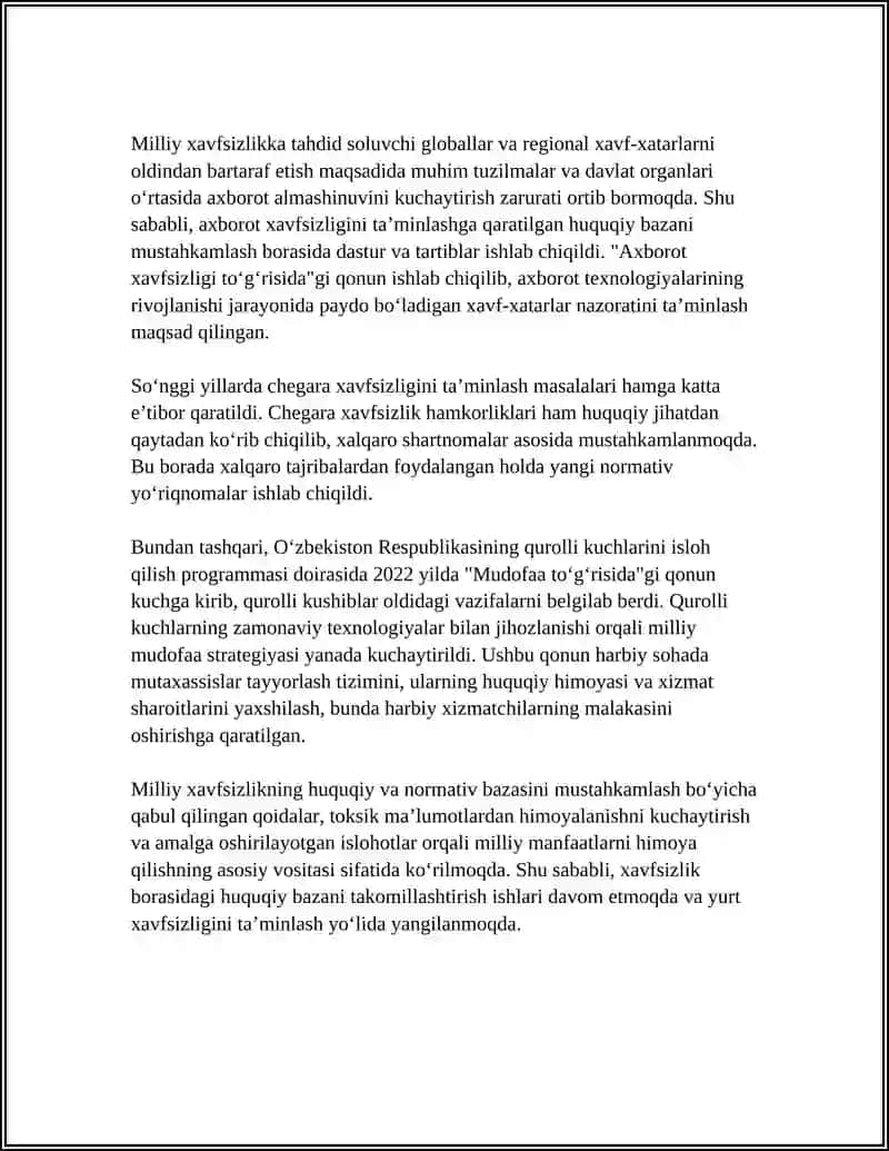 MILLIY XAVSIXLIKNI TAMINLASH BORASIDA AMALGA OSHIRILAYOTGAN ISHLAR 4