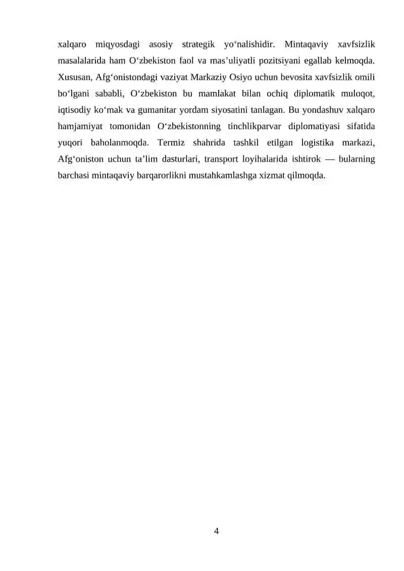 O'ZBEKISTONNING MARKAZIY OSIYODA TINCHLIK VA BARQARORLIKNI TA'MINLASHDAGI O‘RNI 4