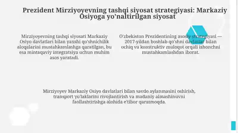 O'zbekistonning Markasiy Osiyoda tinchlik va barqarorlikni ta'minlashdagi oʻrni 4