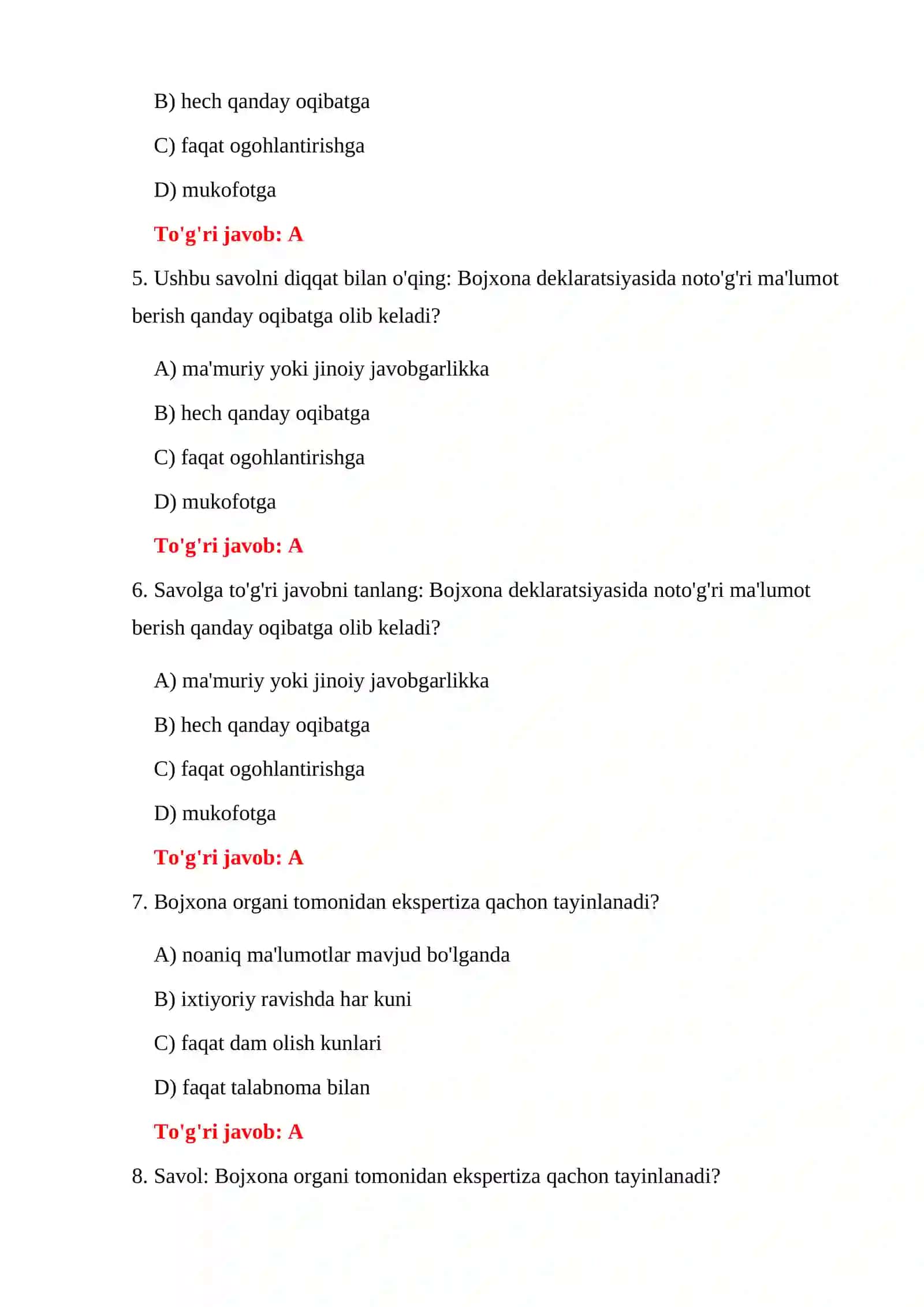 BOJXONA IMTIHONIGA TAYYORGARLIK TESTLARI 4