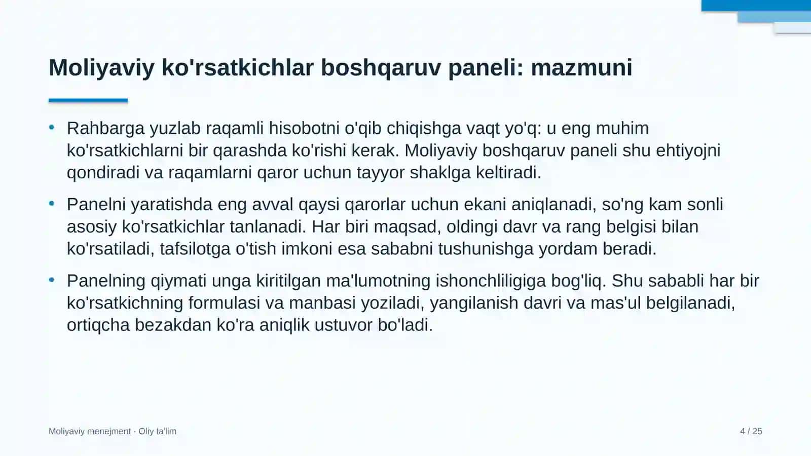 butik mehmonxonalarda moliyaviy ko'rsatkichlar boshqaruv panelini yaratish 2862 4
