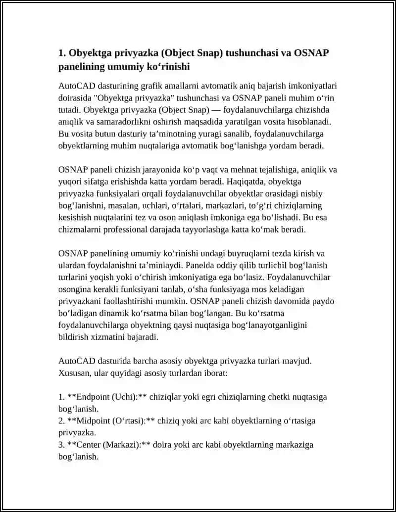 AUTOCAD DASTURINING GRAFIK AMALLARNI AVTOMATIK ANIQ BAJARISH IMKONIYATLARI OBYYEKTNAYA PRIVYAZKA PANELI BUYRUQLARI 4