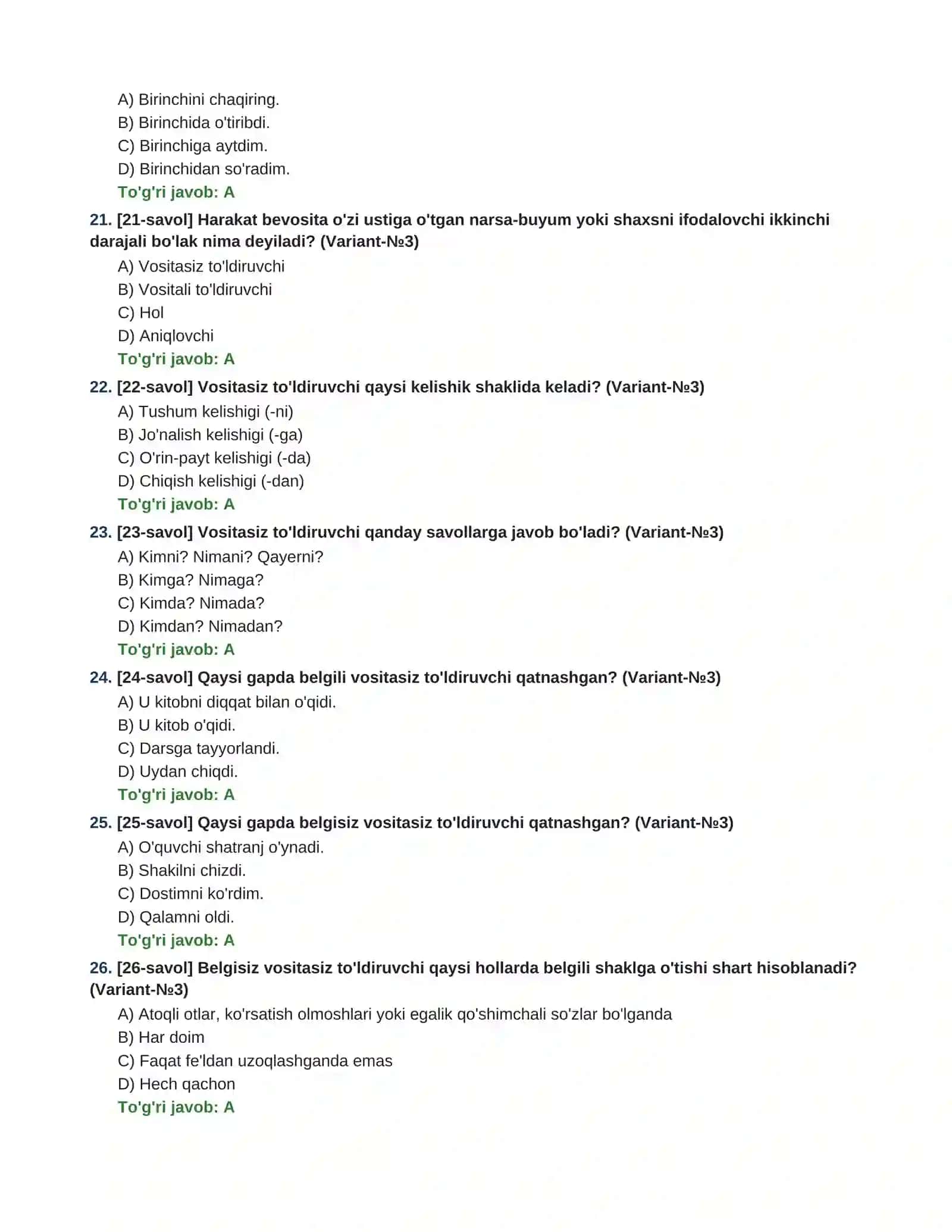 GAPNING IKKINCHI DARAJALI BO'LAKLARI: TO'LDIRUVCHI (VOSITASIZ  VA VOSITALI)  200 TA TEST TOPSHIRIQLARI  JAVOBLARI BILAN 4