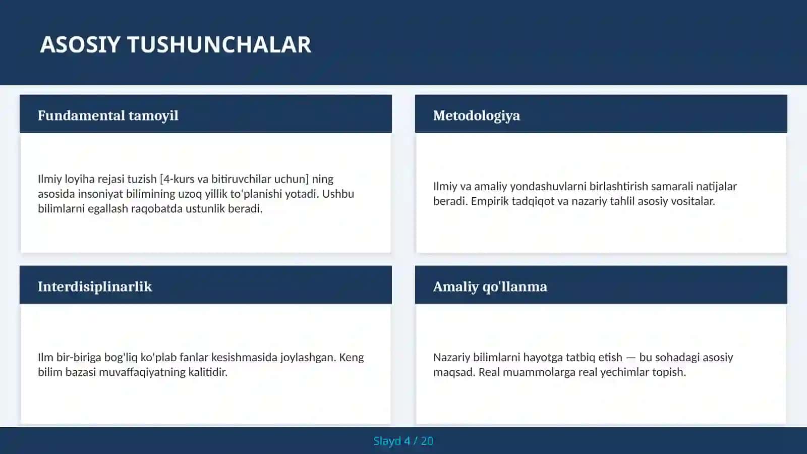 Ilmiy loyiha rejasi tuzish [4-kurs va bitiruvchilar uchun] 4