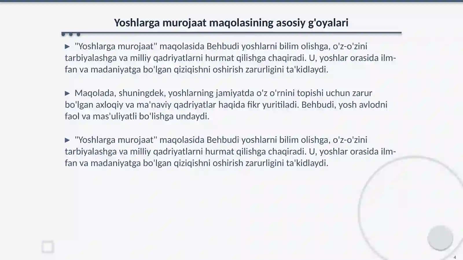 M. Behbudiyning " Yoshlarga murojaat" va " Muhtaram yoshlarga murojaat" maqolalarini tahlil etish 4