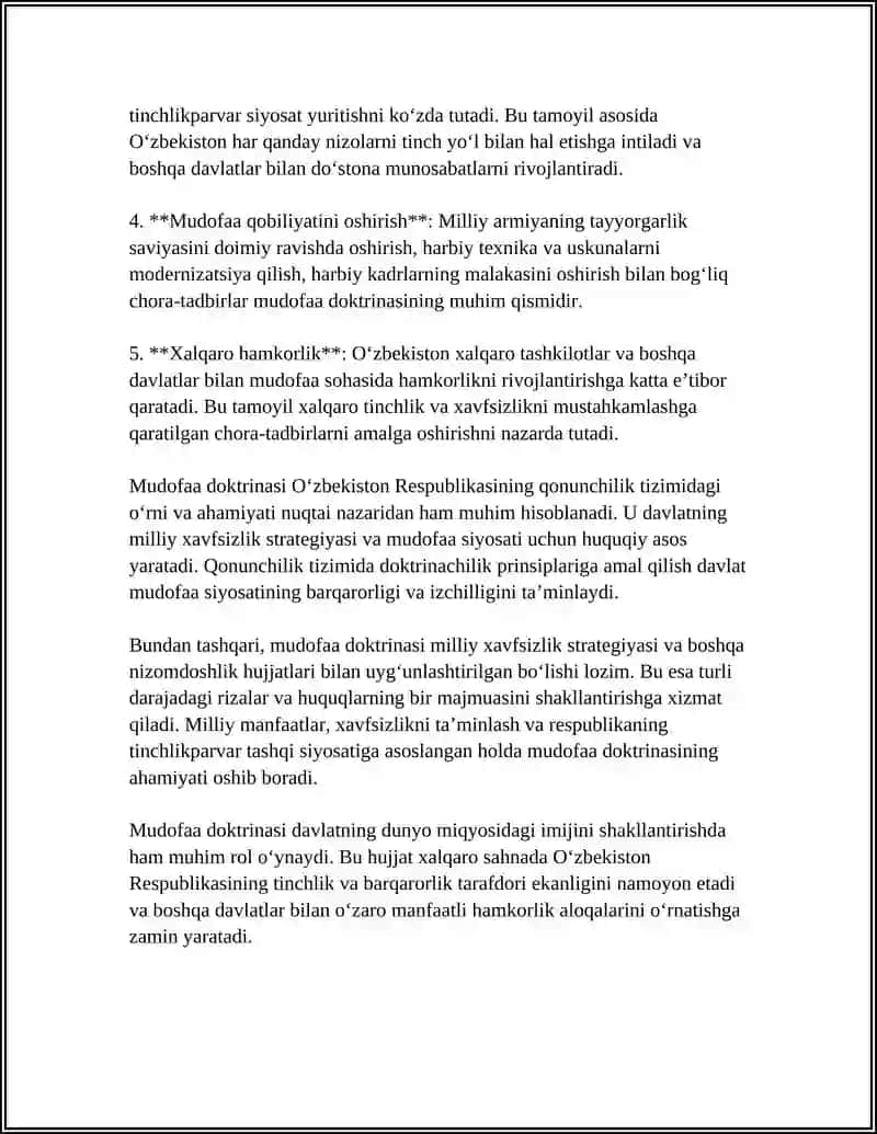 OʻZBEKISTON RESPUBLIKASI MUDOFAA DAKTIRINASI, UNING QONUNCHILIK TIZIMIDAGI OʻRNI VA AHAMIYATI 4