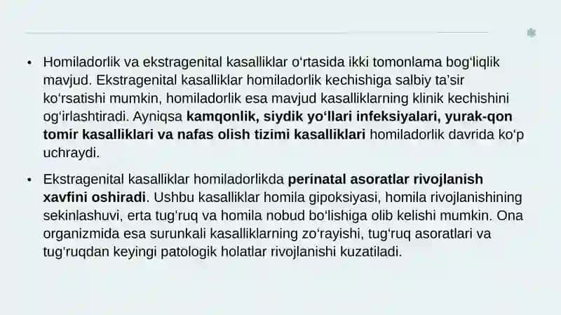 Homiladorlik va ekstragenital kasalliklar kamqonlik siydik yo’li infeksiyasi yurak qon tomir va nafas olish tizimi bilan bog’liq kasalligini boshqarish 4