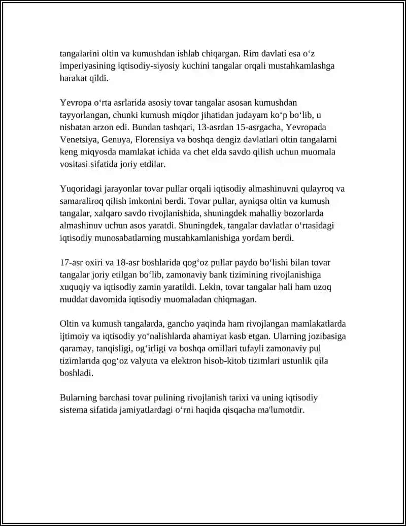 TAVAR VA PUL MUNOSABATLARI RIVOJLANISHI TARIXINI O'RGANISH 4