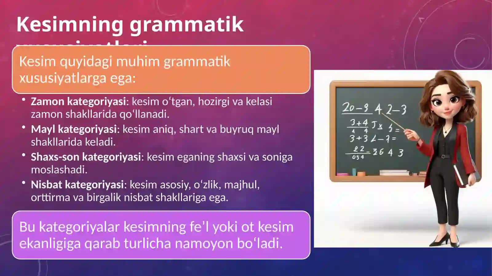 Kesim,uning ifodalanishi. Ot kesim va fe'l kesim haqida tushuncha 4