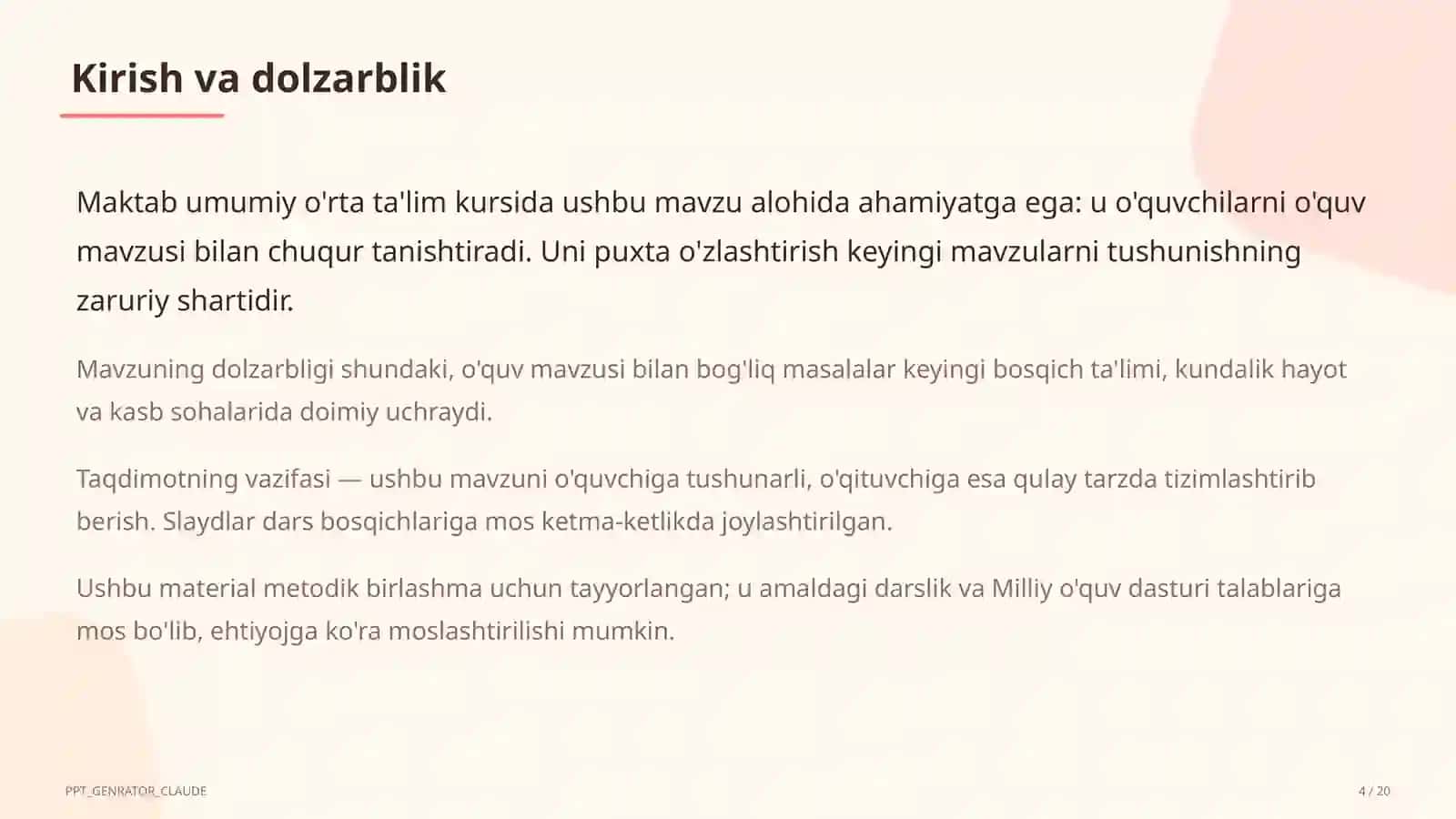 Dolzarb mavzular — maktab va o'qituvchilar (2026) — metodik birlashma uchun 4