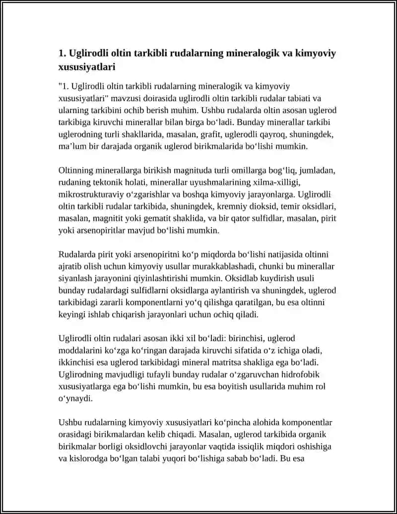 SALMOQLI SORBSIYALASH AKTIVLIGGA EGA UGLIRODLI OLTIN TARKIBLI RUDA VA BOYITMALARGA “OKSIDLAB KUYDIRISH-SIANLASH” TEXNOLOGIYASINI QO‘LLASH 4