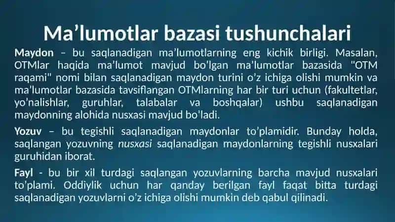 MA’RUZA. MA’LUMOTLAR BAZASINING MAQSADI, VAZIFALARI VA ASOSIY TUSHUNCHALARI 4