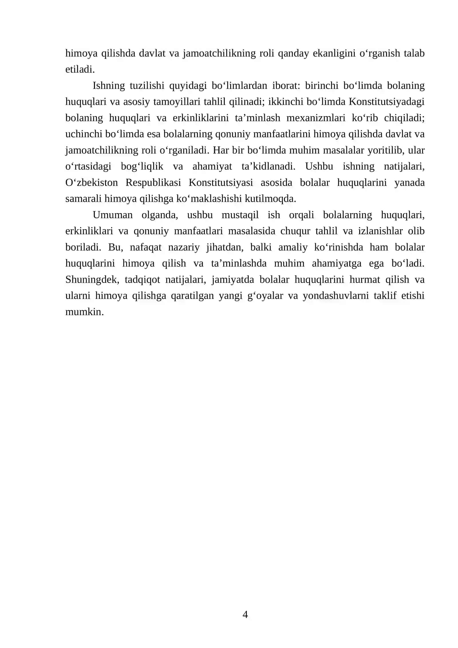 Konstitutsiyada bolaning huquqlari erkinliklari va qonuniy manfaatlarining taʼminlashini va himoya qilinishi 4