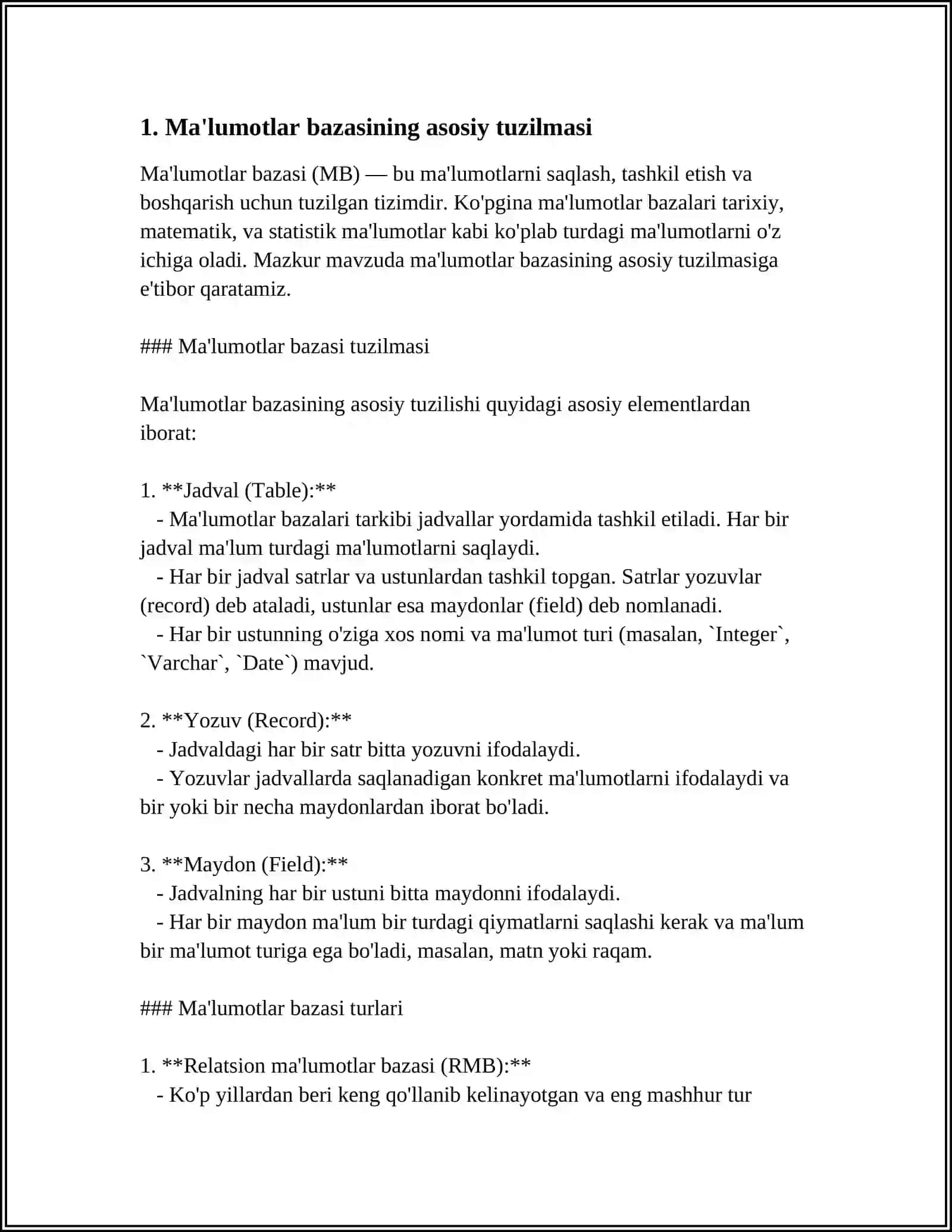 KICHIK LOYIHA – SQLDA ODDIY MA’UMOTLAR BAZASINI YARATISH 4