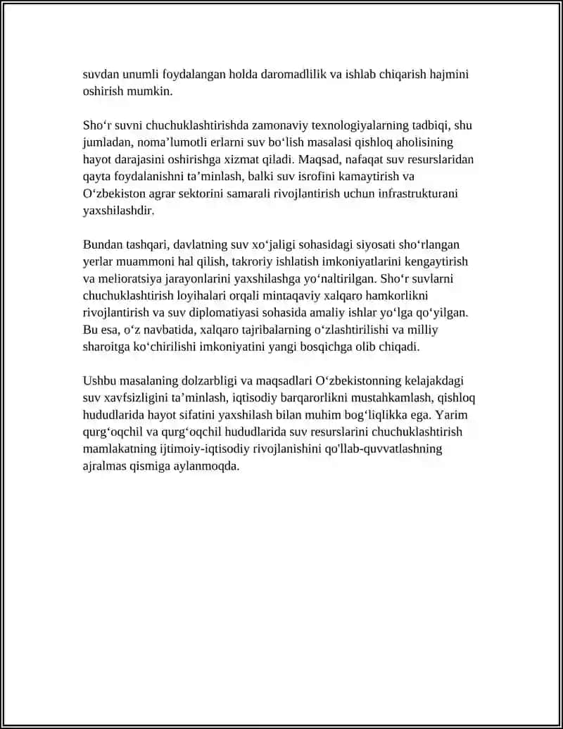 OʻZBEKISTON SHAROITIDA SHOʻR SUVNI CHUCHUKLASHTIRISH LOYIHASI REFERAT 4