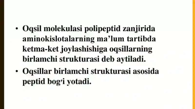 Oqsillarning tuzilishi, xossalari va biologik vazifalari 4