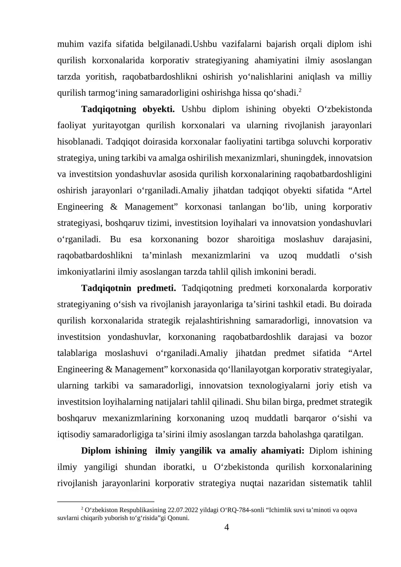 O‘ZBEKISTONDA QURILISH KORXONALARINING O‘SISHINI TA’MINLASHDA KORPORATIV STRATEGIYANING O‘RNI (ARTEL ENGINEERING & MANAGEMENT KORXONASI MISOLIDA) 4