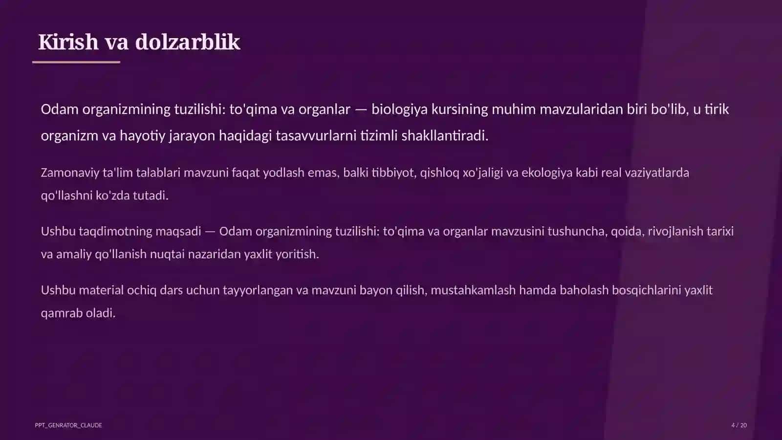 Odam organizmining tuzilishi: to'qima va organlar (8-sinf) 4