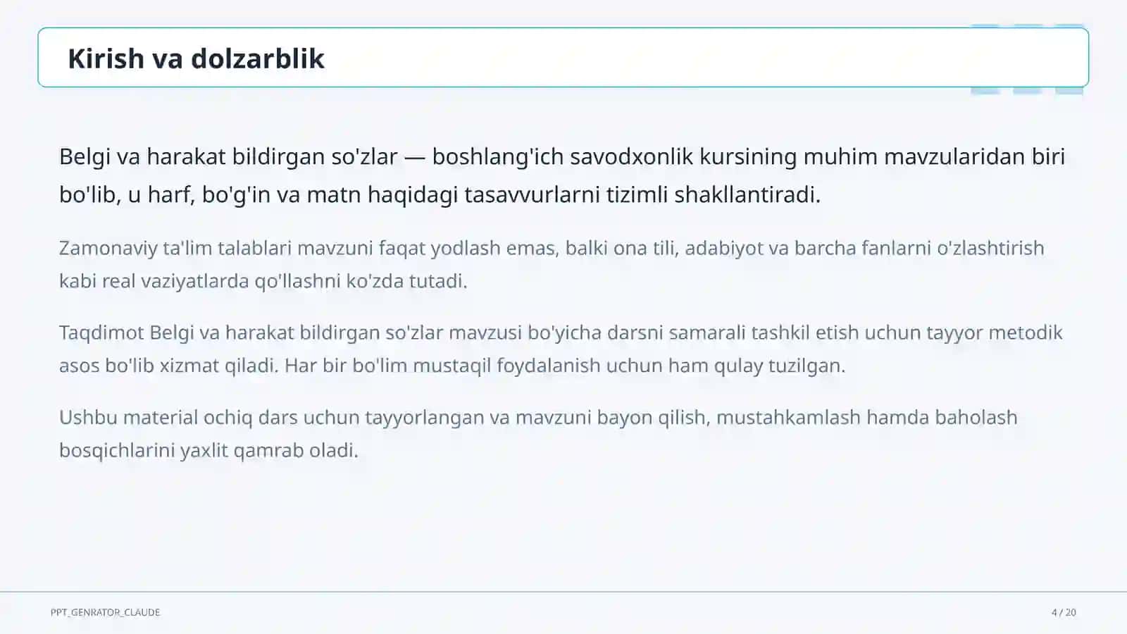 Belgi va harakat bildirgan so'zlar (2-sinf) 4