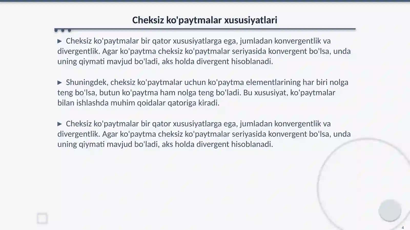 Cheksiz koʻpaytmalar. Hisob fanidan 4