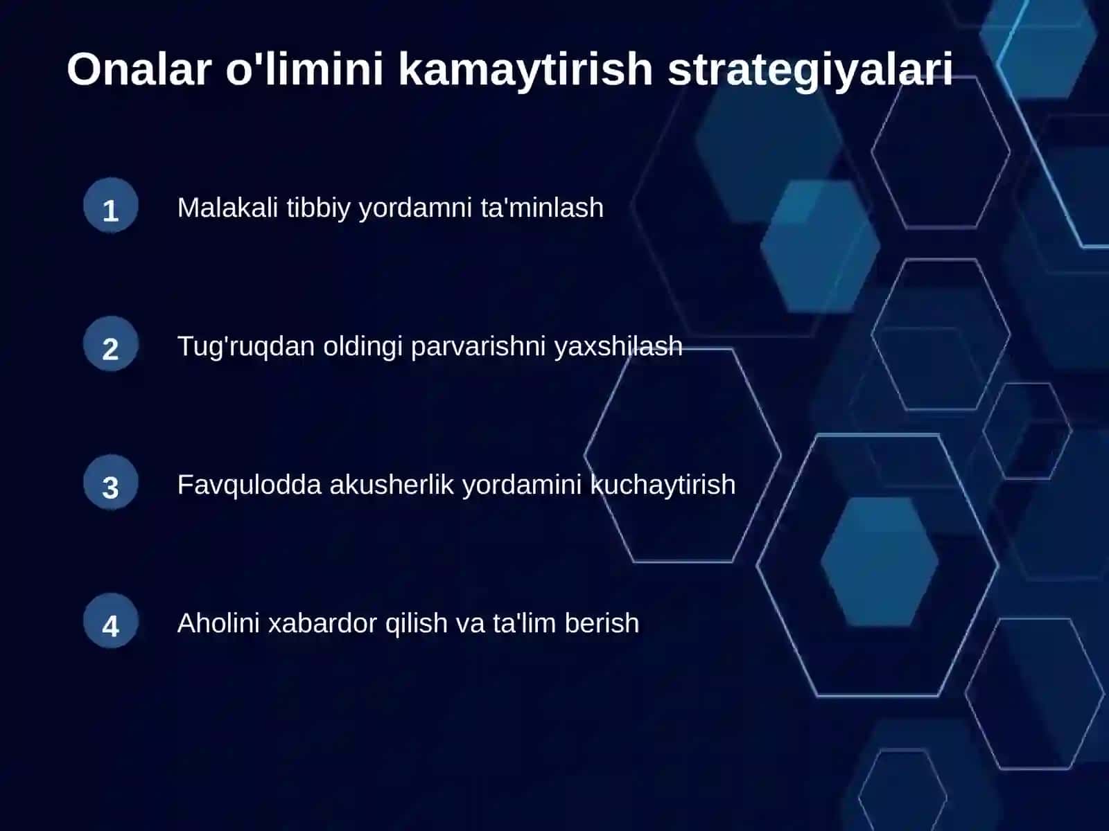 Onalar o'limini kamaytirish strategiyalari 4