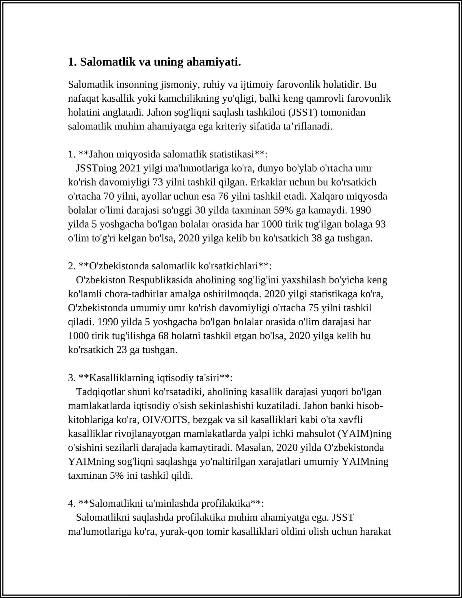 SALOMATLIK, MOSLASHUV, KASALLIK (NOZOLOGLYA). ETIOLOGIYA, PATOGENEZ SINDROM, SIMPTOM, SEMIOTIKA (SEMIOLOGIYA) TUSHUNCHASI. DIAGNOSTIKA JARAYONINING QOIDALARI (ALGORITMI). TEKSHIRISHNING ASOSIY VA QO'SHIMCHA USULLARI. TISH KASALINING IBBLY KARTASI., TISH BEMORINING IBBIY TARIXI VA AMBULATORIYA KARTASINI TOLDIRISH QOIDALARI 4