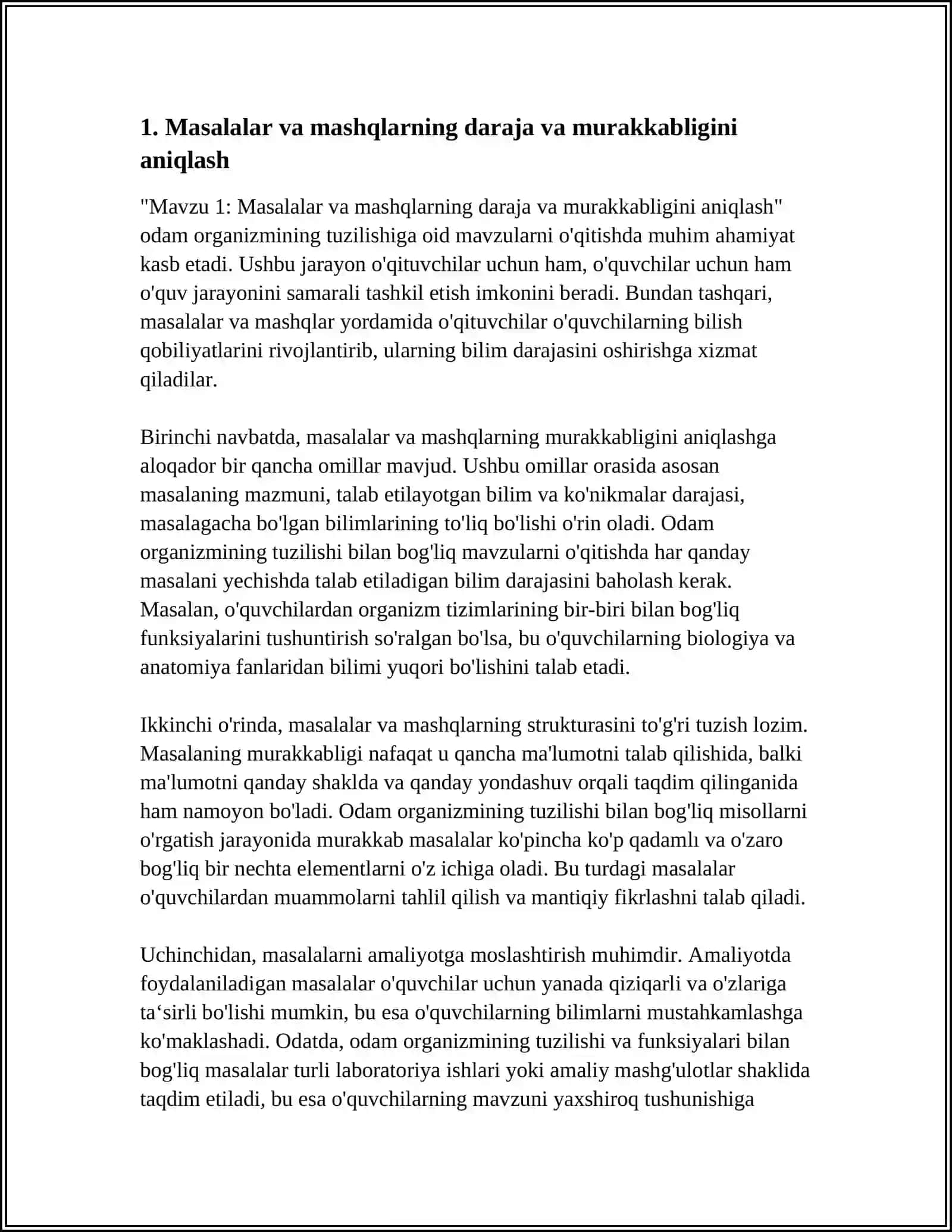 ODAM ORGANIZMINING TUZILISHIGA OID MAVZULARNI O'QITISHDA FOYDALANILADIGAN MASALA VA MASHQLARNING XUSUSIYATLARI 4