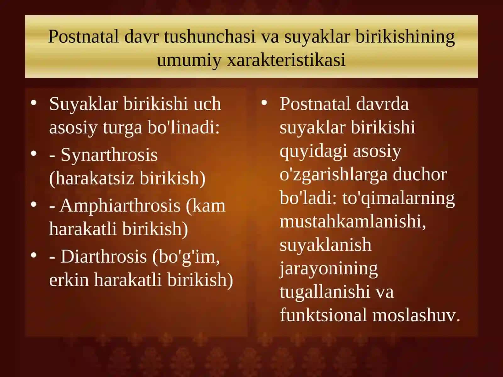 Suyaklar brikishining postnatal davrida o’zgarishi taqdimot 4
