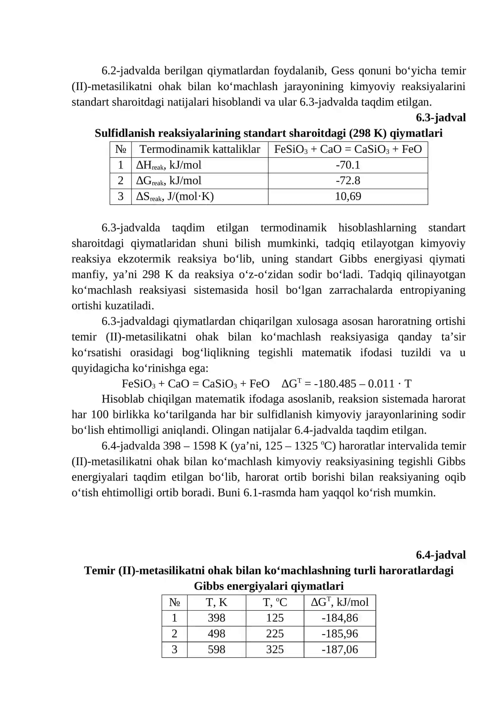 Temir (II)-metasilikatini ohak bilan ta’sirlashuvining termodinamikasi 4
