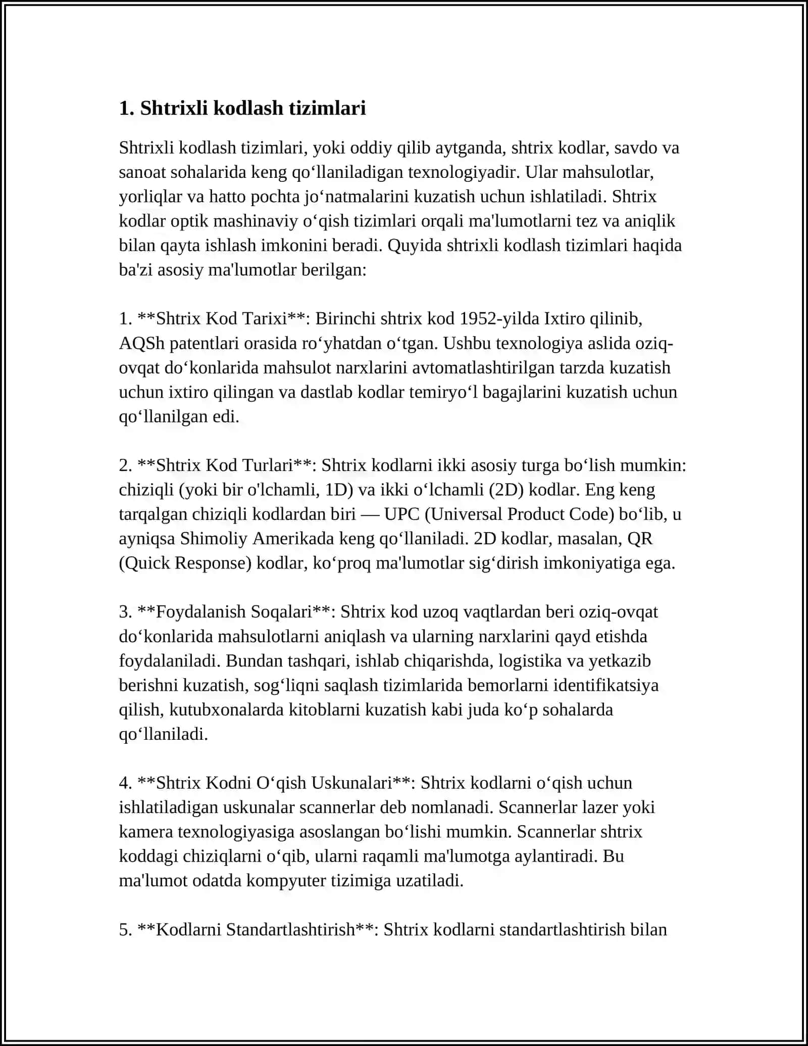 ÒZBEKISTON RESPUBLIKASI SHTRIXLI KODLASH DAVLAT MUASSASASI 4